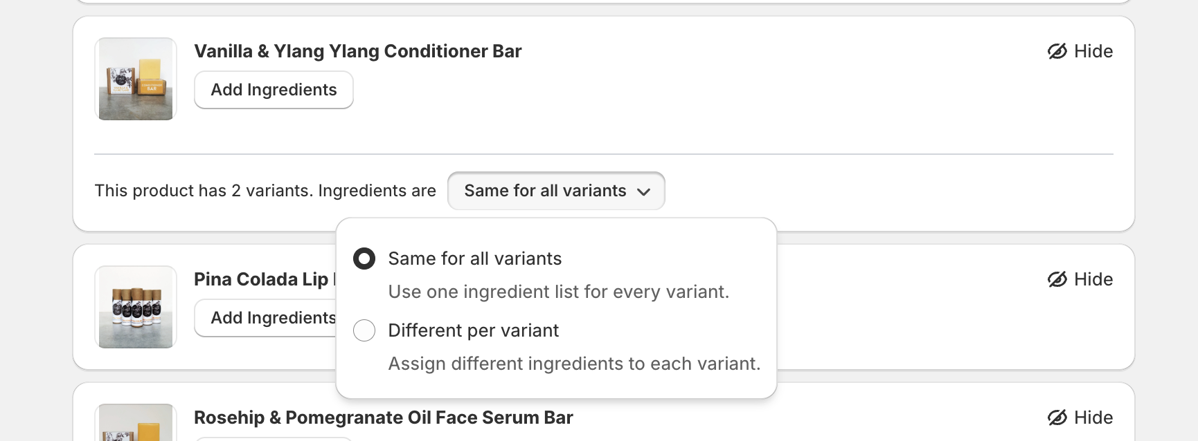 Variant mode popover